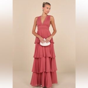 NWT Lulus Amazing Evening Dark Rose Pink Tiered Maxi Dress